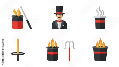 Magic show icons featuring a magician, wand, hats, and fire effects