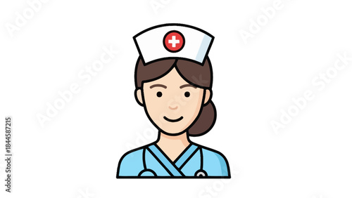 Illustration of a friendly female nurse wearing a uniform and cap with a red cross emblem