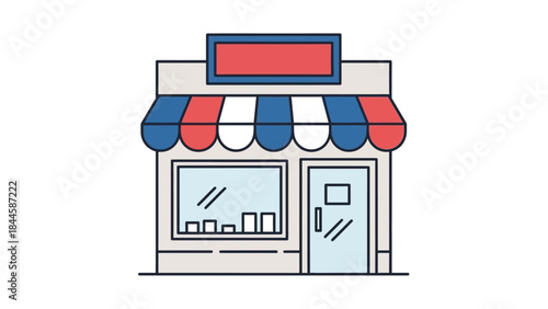 Iconic illustration of a retail storefront with awning and display window and door
