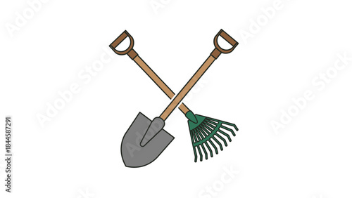 Iconic garden tools crossed shovel and rake on white background illustration