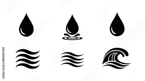 Icon set symbolizing water drop and ocean waves for design and illustration