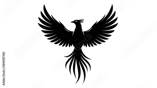 Majestic Black Silhouette of a Phoenix Bird with Spread Wings Against a White Background