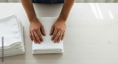 Hands Folding Freshly Cleaned White Napkins on a Light Wooden Table Surface
