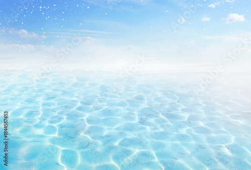 Heaven with clouds and floating water beach vector design background. Sea or ocean caustic water backdrop. Summer beach aestetic. Natural transparent underwater surface. Clean sparkling waterscape