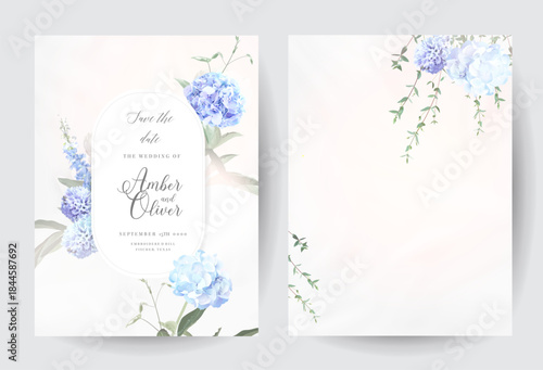 Dusty blue and purple flowers vector round frames. Hydrangea, hyacinth, delphinium, eucalyptus. Wedding spring floral. Pastel watercolor marbled background. All elements are isolated and editable