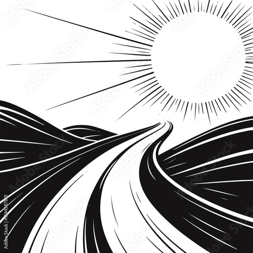 One-line bold illustration of a path leading toward a rising sun, uninterrupted stroke, symbolic New Year journey vector 2