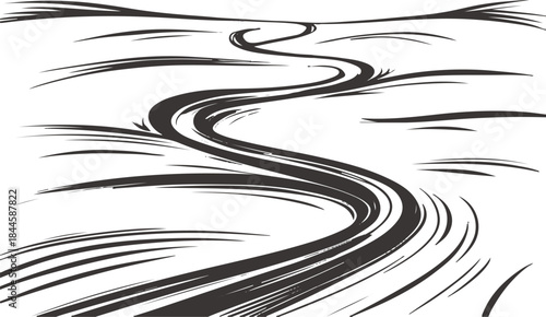 One-line bold illustration of a path leading toward a rising sun, uninterrupted stroke, symbolic New Year journey vector