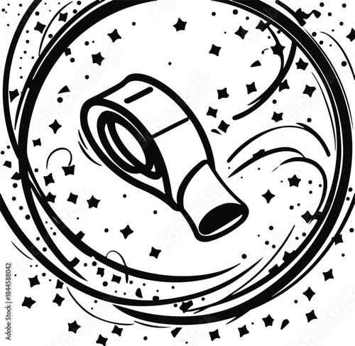 Single bold line illustration of a party whistle blowing confetti, one continuous stroke, clean and playful New Year line art