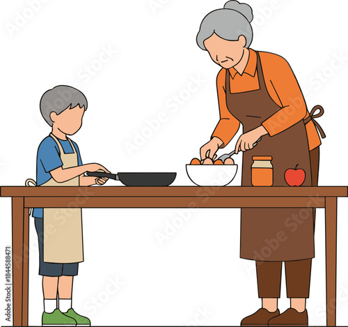 Grandmother and Child Cooking Flat Vector Illustration for Family Activity Intergenerational Bonding and Kitchen Lesson.