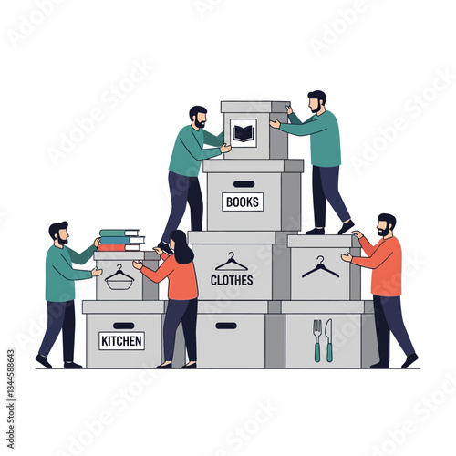 Diverse group of people collaboratively packing and organizing labeled moving boxes in a flat illustration.