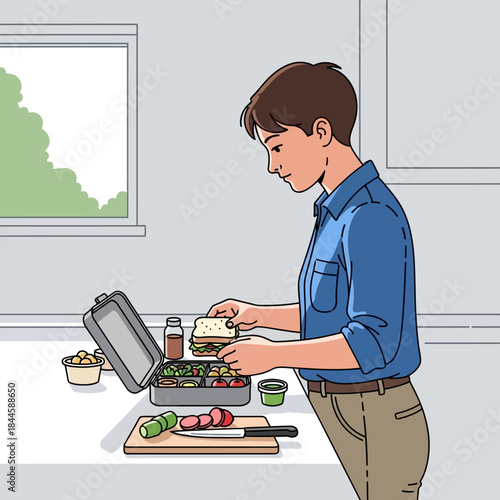 Young man with short brown hair preparing a healthy lunchbox with fresh vegetables and a sandwich.