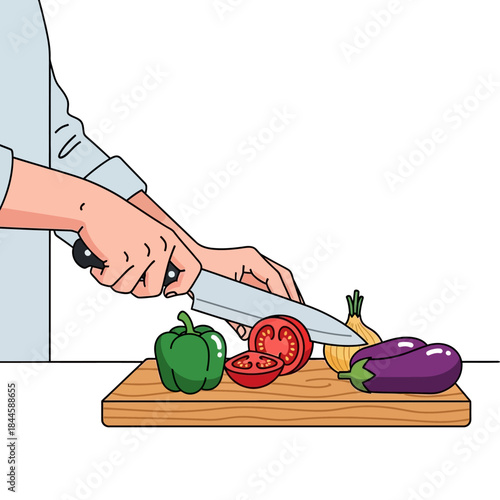 Hands chopping fresh colorful vegetables with a sharp knife on a wooden board.