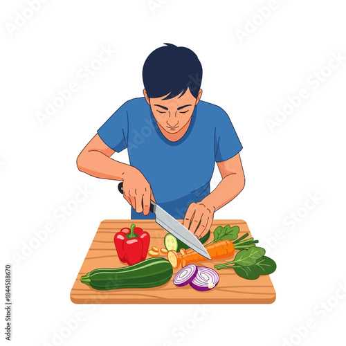 Illustrated Man in Blue Shirt Chopping Fresh Vegetables on Wooden Board.