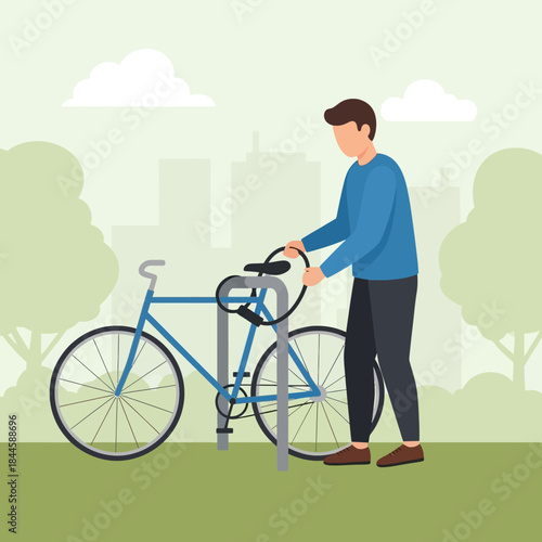 Man locking blue bicycle to a silver bike rack with a black lock, flat vector illustration.
