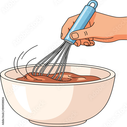 Hand Whisking Chocolate Batter in Bowl Vector Illustration for Baking Cooking and Dessert Preparation.