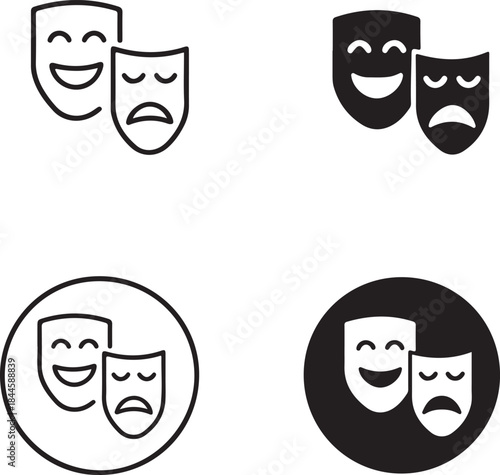 Theater masks representing comedy and tragedy in various designs isolated on white background, Vector, illustration