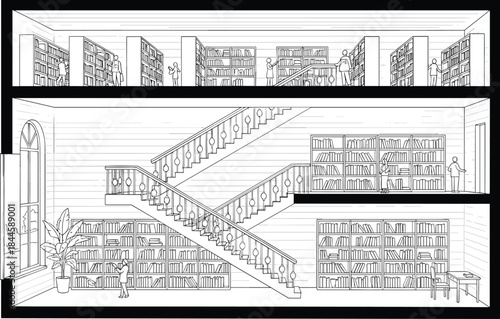Minimal library interior architectural line illustration showing multi level bookshelves staircase reading spaces and people clean outline vector design