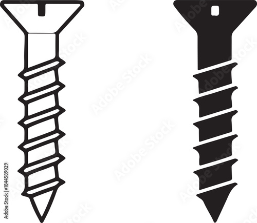 Wood screw outline and solid comparison isolated on white background, Vector, illustration