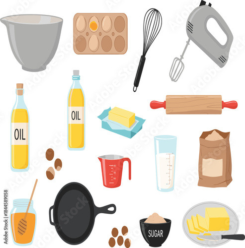 Set of Baking Ingredients and Tools Vector Illustration Including Flour Eggs Butter Oil Whisk and Rolling Pin.