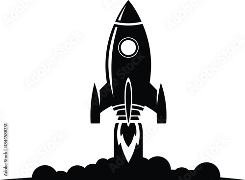 Black silhouette of a rocket launching into space isolated on transparent background vector illustration spacecraft taking off with smoke trail and fire from engine future exploration mission