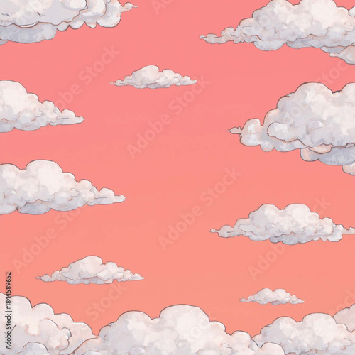 Serene Clouds in the Sky: An illustration of fluffy, white clouds drift gracefully across a vivid, pastel-hued sky. A calm atmosphere is evoke, with a dreamlike scenery. 