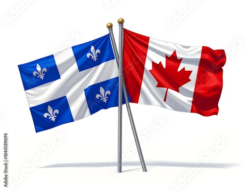 The national flag of Canada and the province flag of Quebec intertwine on white background