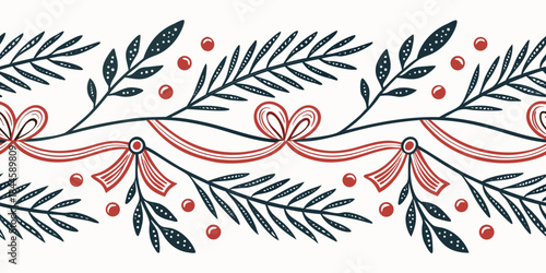 Christmas frame set, winter holiday border, New Year celebration decor print, hand drawn pine branch. Traditional festive postcard geometric garland design, wavy ribbon bow. Christmas frame party kit.