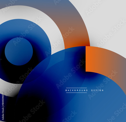 Abstract composition. Overlapping circles, gradients create dynamic visual effect. Blue, orange, white dominate palette. Modern design elements.