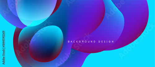Abstract fluid shapes blend vibrant blues, purples, reds. Dynamic composition creates modern background design. Smooth gradients offer visual interest.