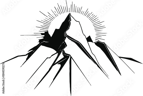 Strong contour line of a mountain peak with a rising sun, sharp angular minimalism 3