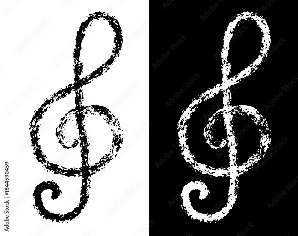 Fototapeta premium Treble clef icons drawn with chalk in sketch style. Black and white childish musical symbol.