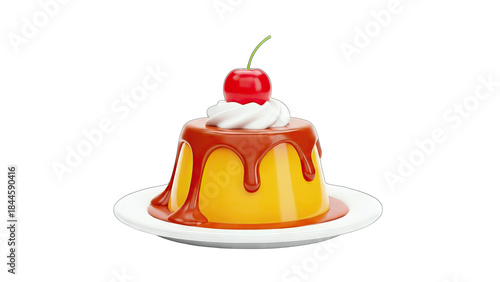 Delicious Caramel Pudding with Cherry on White Plate