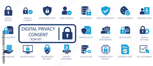 Digital Privacy Consent Icon Set. Modern vector icons for data security, GDPR compliance, user consent, online privacy, information protection, and cybersecurity regulations.