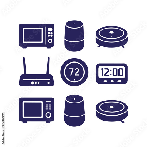Collection of modern smart home devices and common household appliances icons