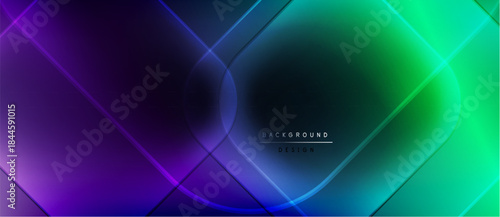 Abstract gradients blend, forming dynamic lines. Overlapping shapes create modern visual effect. Dark background emphasizes vibrant colors.
