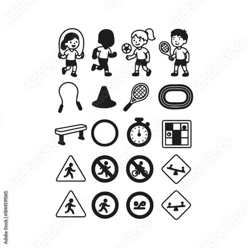 Illustrative vector icons of children engaged in various sports, fitness equipment, and safety signs