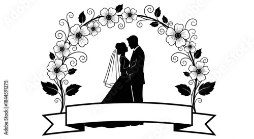 Elegant Wedding Couple Silhouette and Floral Arch Banner Graphic Design Element for Invitations