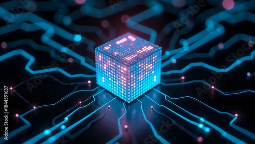 Abstract Digital Data Cube with Glowing Network Connections, Artificial Intelligence and Future Technology Concept