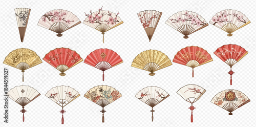 Collection of traditional Asian folding fans with various patterns and colors.