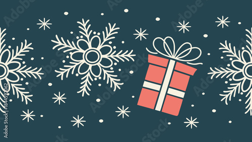Festive holiday border with snowflakes ornaments and gifts against a dark teal colored background .vector icon