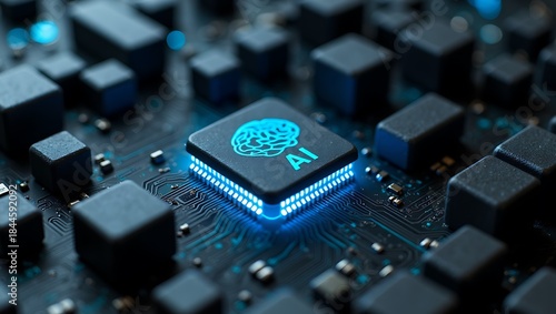 Artificial Intelligence Microchip with Glowing AI Icon on Circuit Board, Advanced Computing Technology Concept