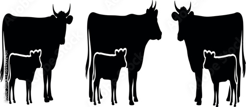 Black vector silhouettes of cattle, including cows, calves, and bulls, illustrate isolated farm livestock on a white background