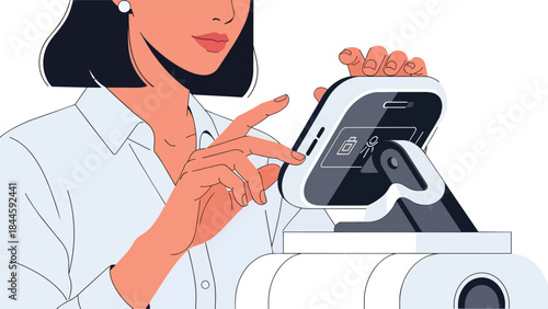 Female cashier operating payment terminal at counter.