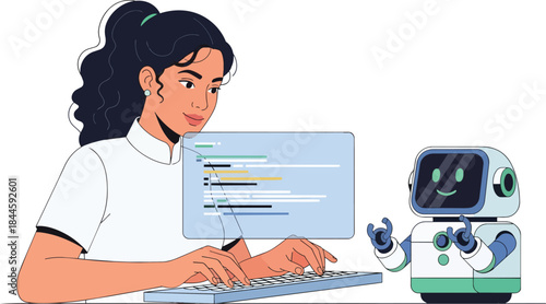 Female programmer coding at desk with robot assistant.