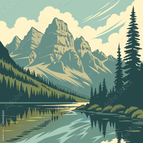 Majestic mountain range reflected in a serene lake surrounded by lush pine forests under a cloudy sky with a vintage travel poster style