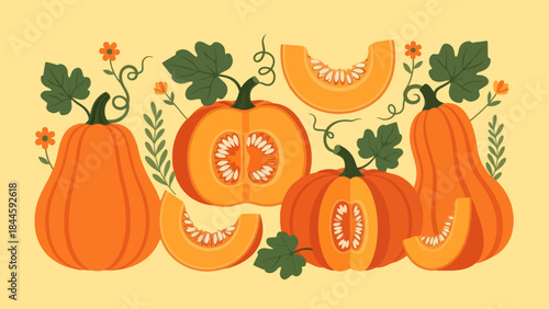 Vibrant Illustration of Pumpkins and Gourds with Decorative foliage for autumn