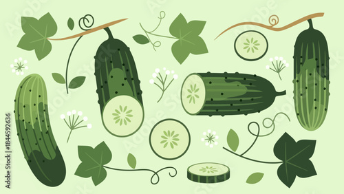 Illustration of fresh cucumbers with leaves and slices in a whimsical style