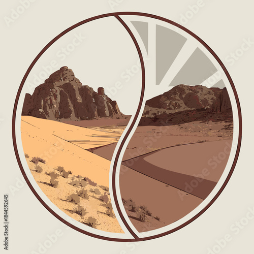 A stylized yin yang symbol depicting contrasting desert landscapes with rocky formations and arid vegetation under a muted sky