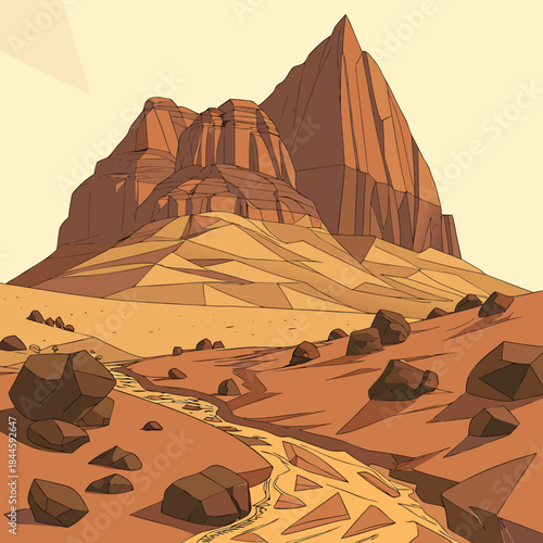 Billede på lærred A stylized geometric illustration of a desert canyon landscape with towering red