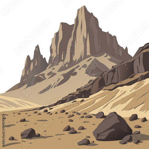 A dramatic stylized illustration of a desolate desert landscape with sharp jagged mountain peaks and rocky terrain under a bright clear sky